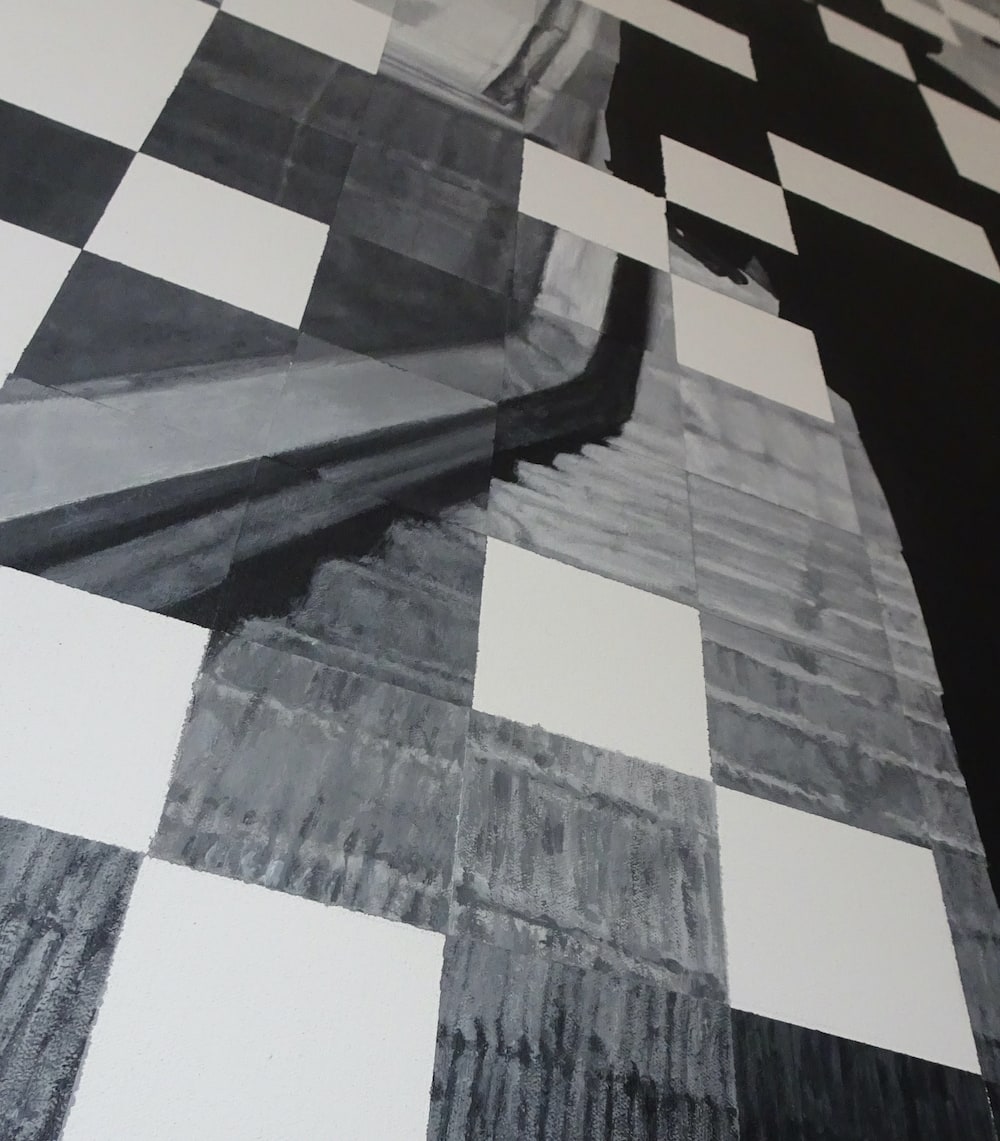 Close up detail of monochromatic acrylic painting called "Case"